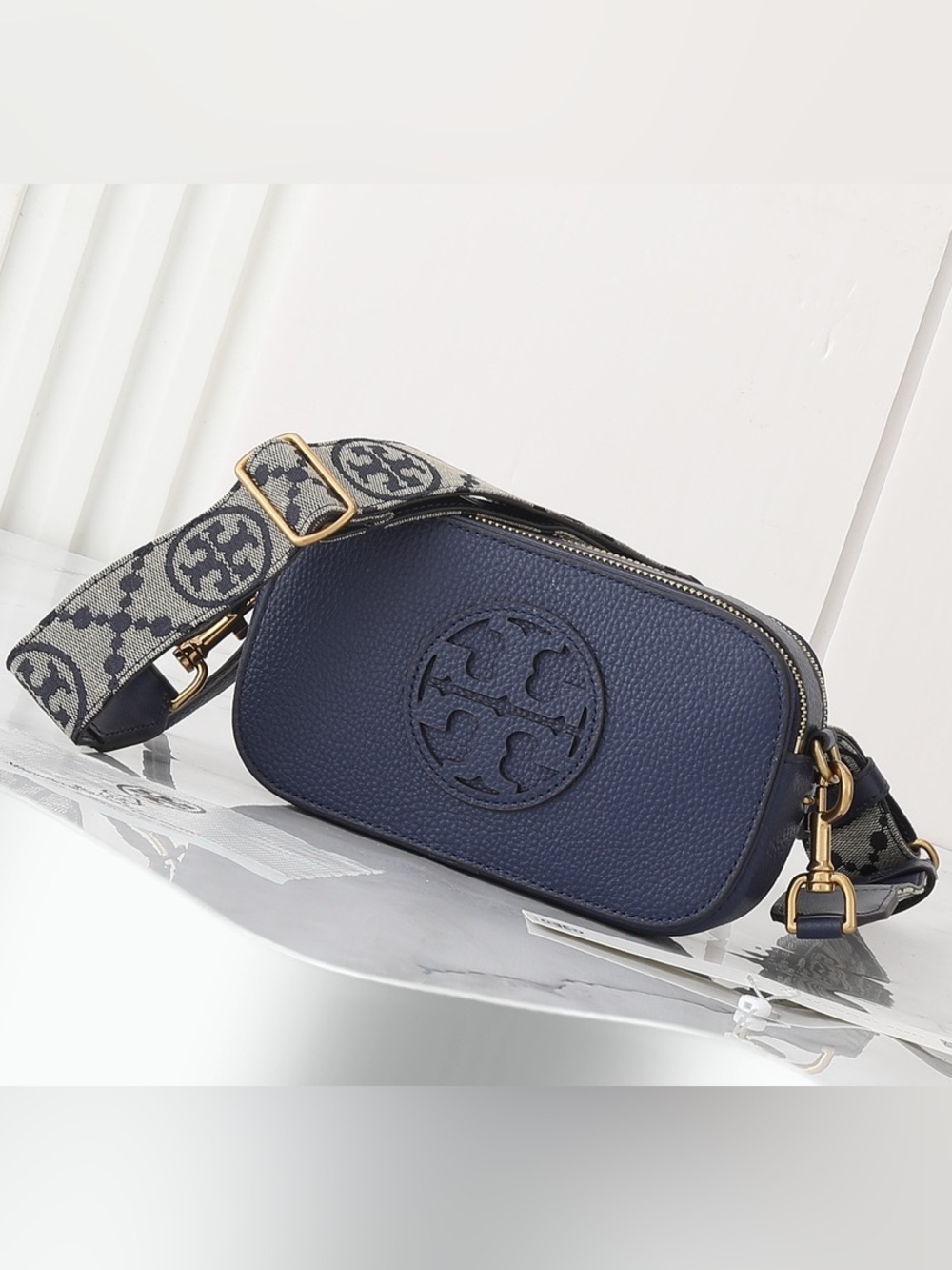 Tory Burch Navy Crossbody - Patterned Strap Pebbled Leather